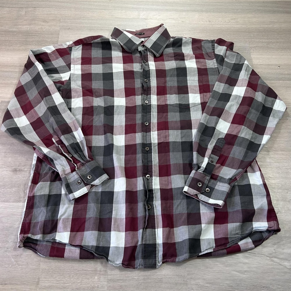 Bullock & Jones Shirt Mens 2XL Red Gray Plaid Long Sleeve Button Up Casual
